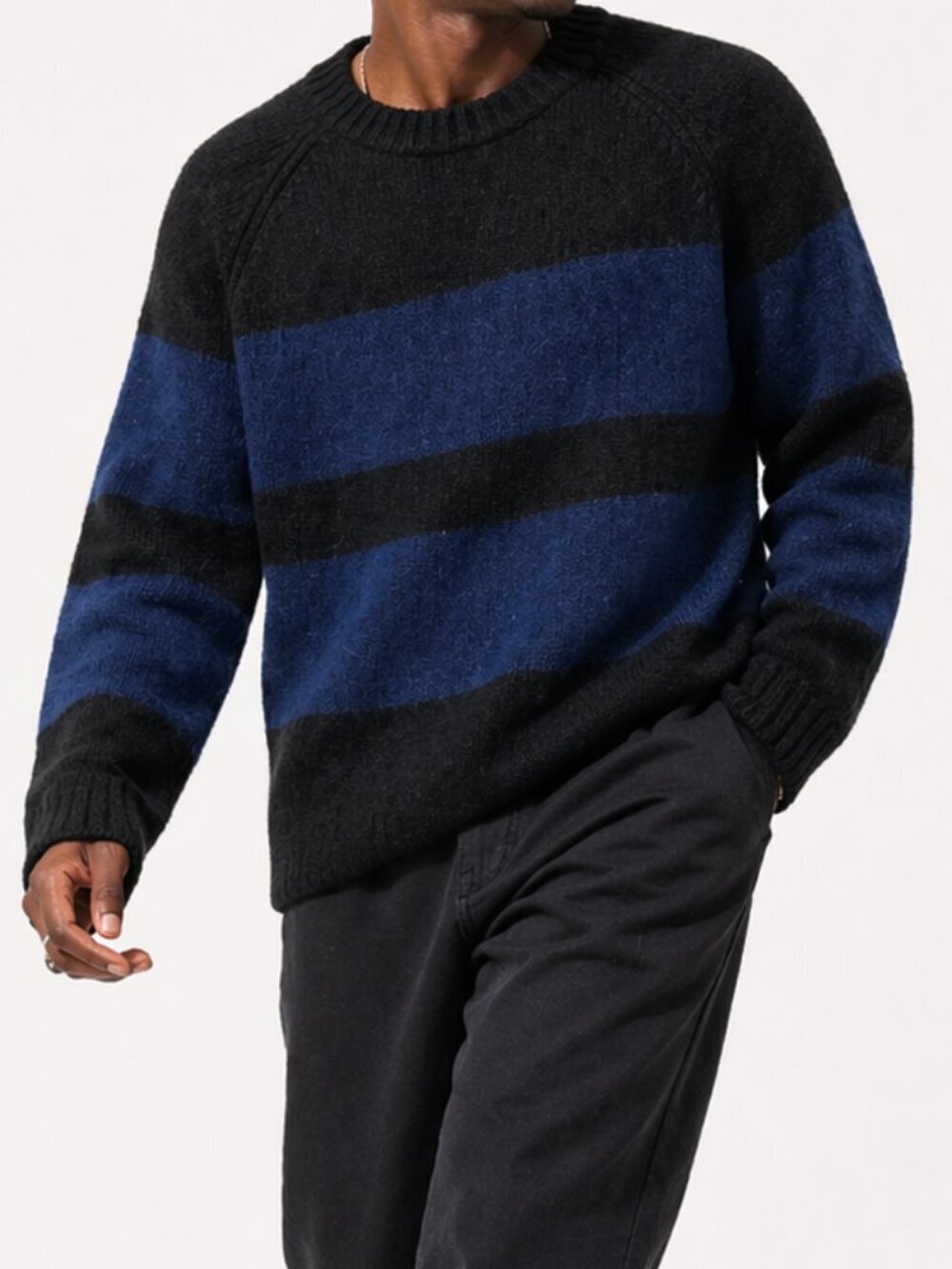 H&M Alpaca Wool Striped Crew Neck Sweater Black Blue XL